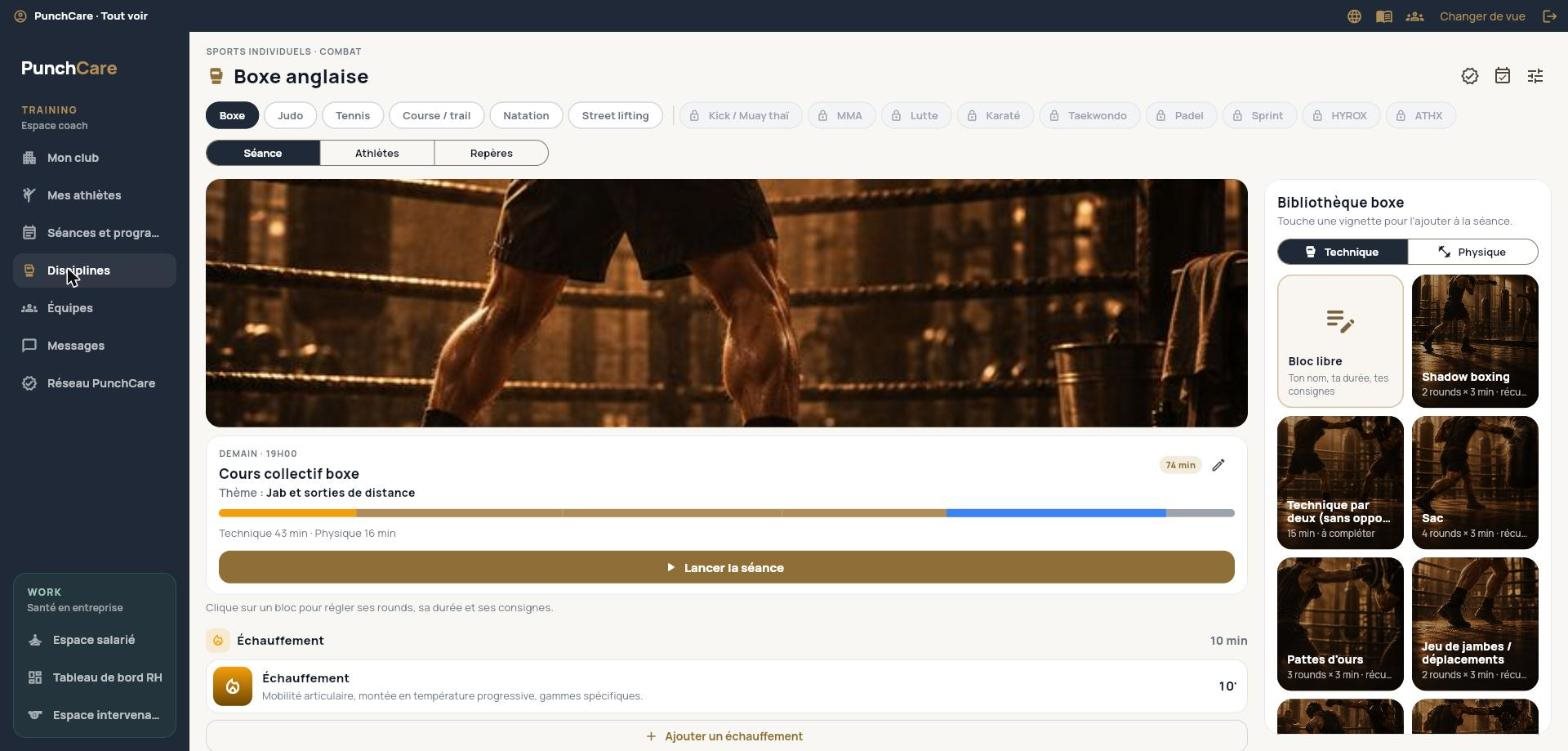 Écran PunchCare : séance de boxe et bibliothèque de blocs techniques
