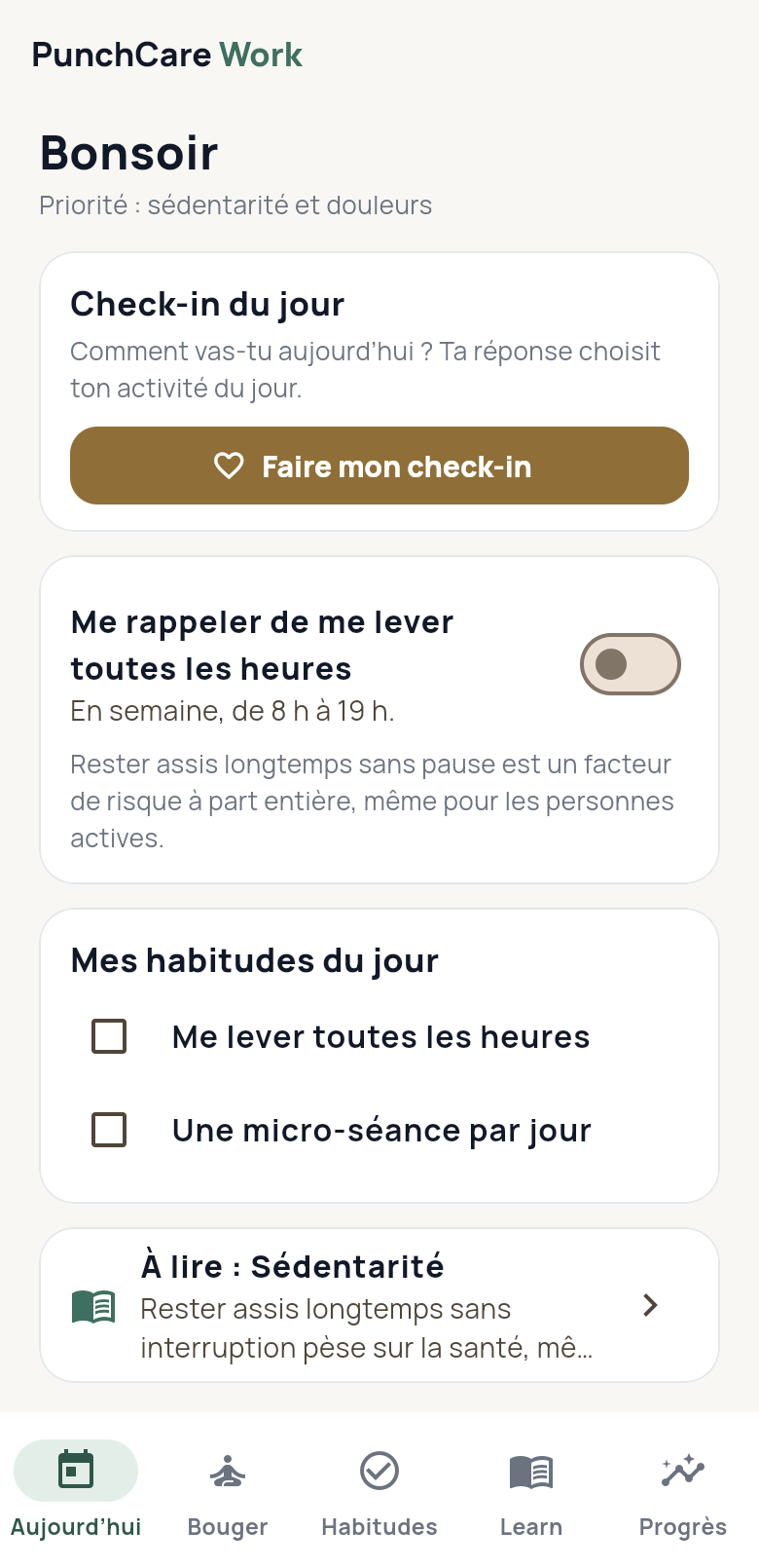PunchCare Work, côté salarié : écran d’accueil avec check-in du jour, rappel de pause et habitudes du jour