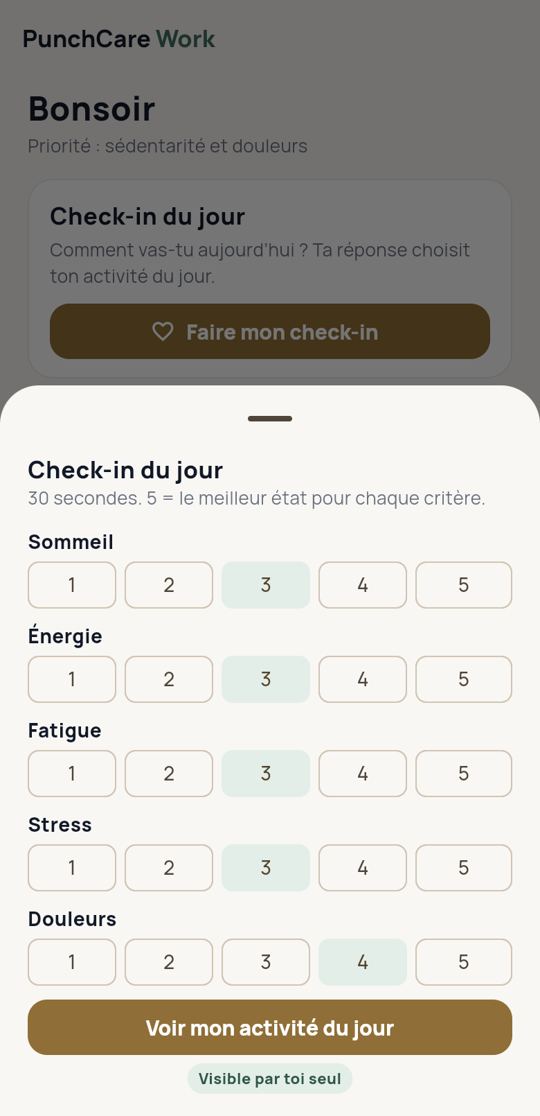 PunchCare Work, côté salarié : check-in de la forme du jour
